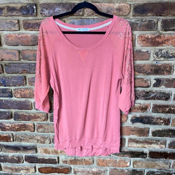 Jolt Coral Embellished Sheer 3/4 Sleeve Studded Blouse Women's Size Medium - Picture 1 of 5